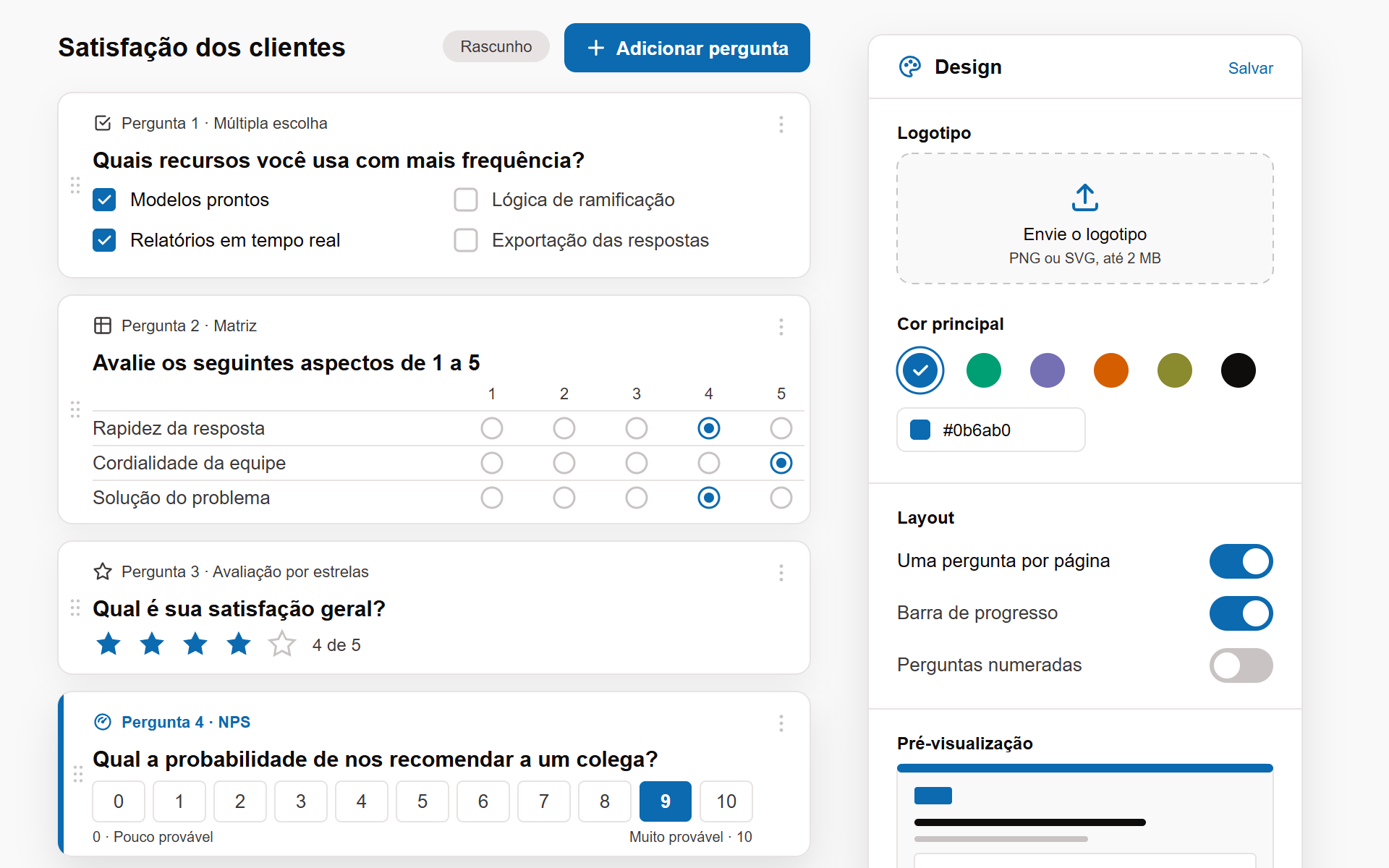 Criador de questionários: perguntas de múltipla escolha, matriz, estrelas e NPS, com painel de marca
